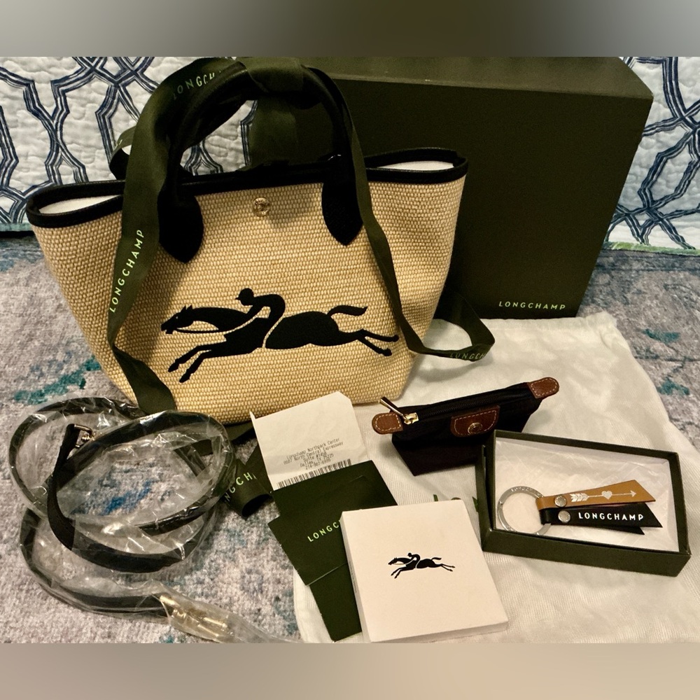 PRISTINE Longchamp Panier raffia LePliage tote w/Free extras,box,receipt